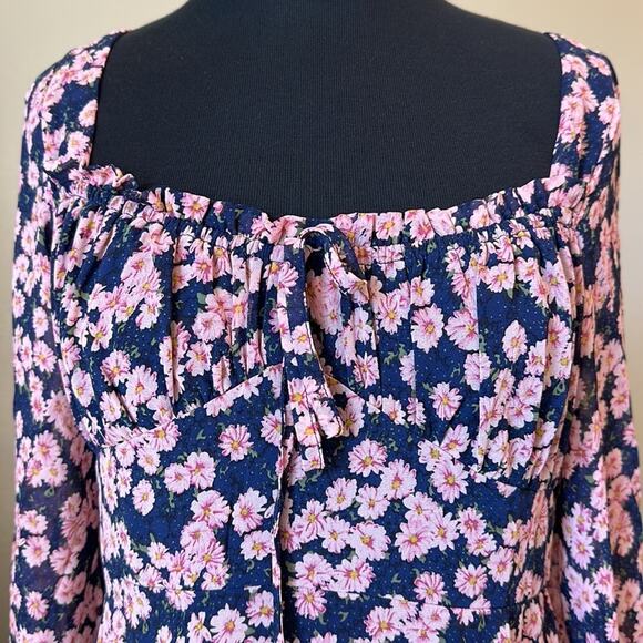 Lush Ditsy Floral Print Tie Front Puff Long Sleeve Minidress Blue Pink NEW Sz M - Picture 5 of 15